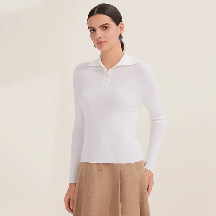 BL4521299 100% laine mérinos pull polo en tricot côtelé pour femme pull à manches longues collection