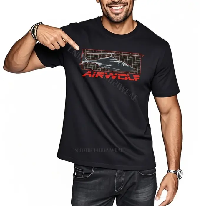 T-shirt hommes graphique coton t-shirt Airwolf Logo sur noir col rond mode t-shirt classique à manch