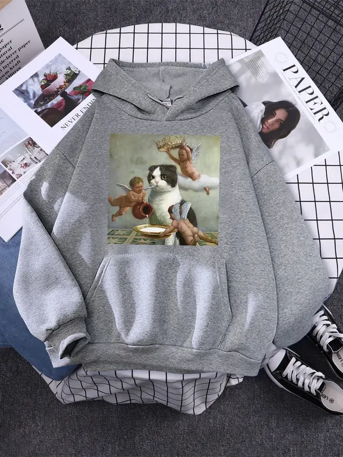 Sweat à capuche petit ange et chat impression sweat femme avec capuche esthétique couple coréen vête