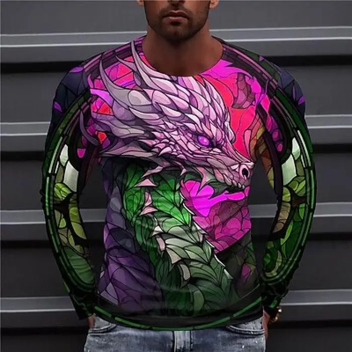 T-shirt Dragon coloré à manches longues et col rond pour hommes