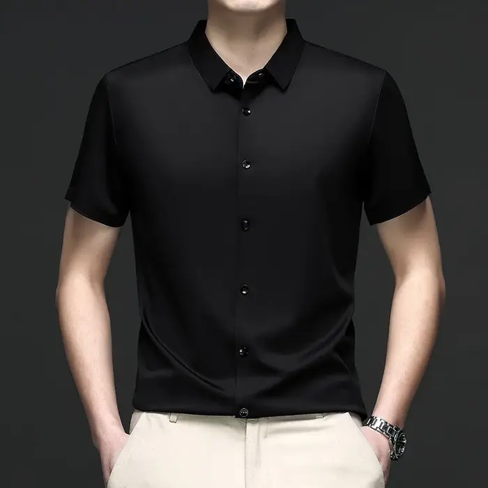 Hommes mûrier soie chemises habillées affaires résistant aux rides sans fer à la mode haut de gamme homme hauts et t-shirts glace Cool chemise vêtements d'été
