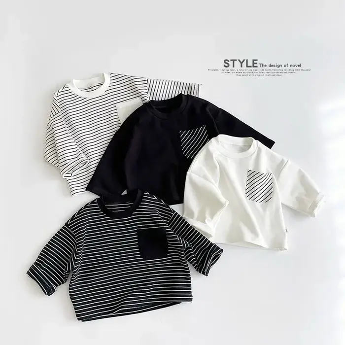 T-shirt rayé à la mode, polyvalent, décontracté, ample, col rond, nouveau Design, manches longues, couleur unie