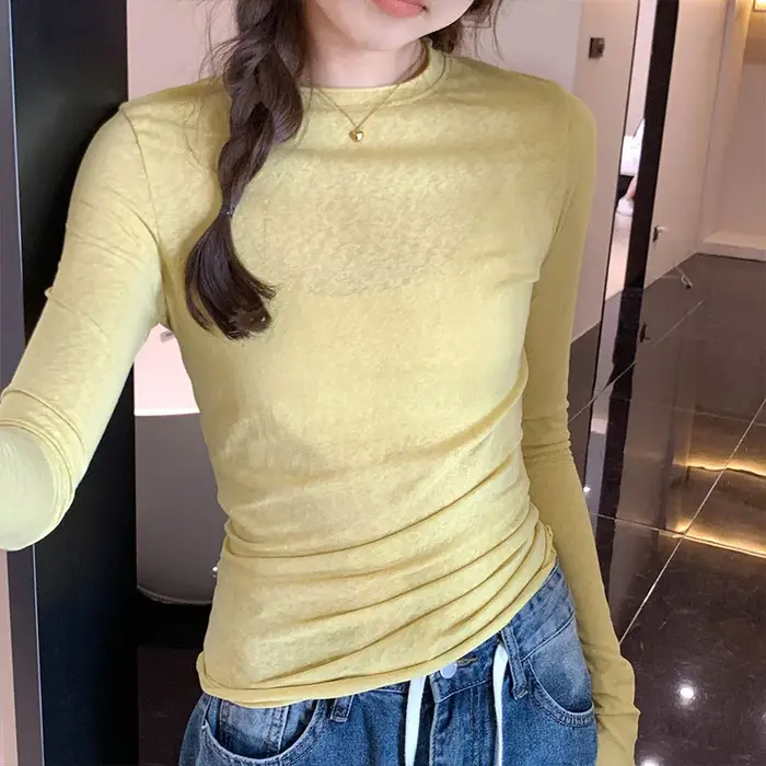 2025 printemps automne t-shirt haut pour femme solide coupe ajustée à manches longues col rond t-shirts