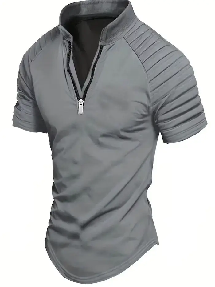 POLO pour hommes printemps sport couleur unie col montant plissé fermeture éclair respirant décontracté été haut tendance à manches courtes