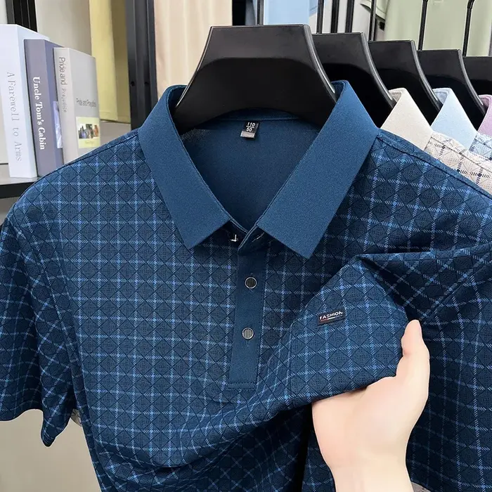 Polo homme à carreaux coupe décontractée avec col à revers