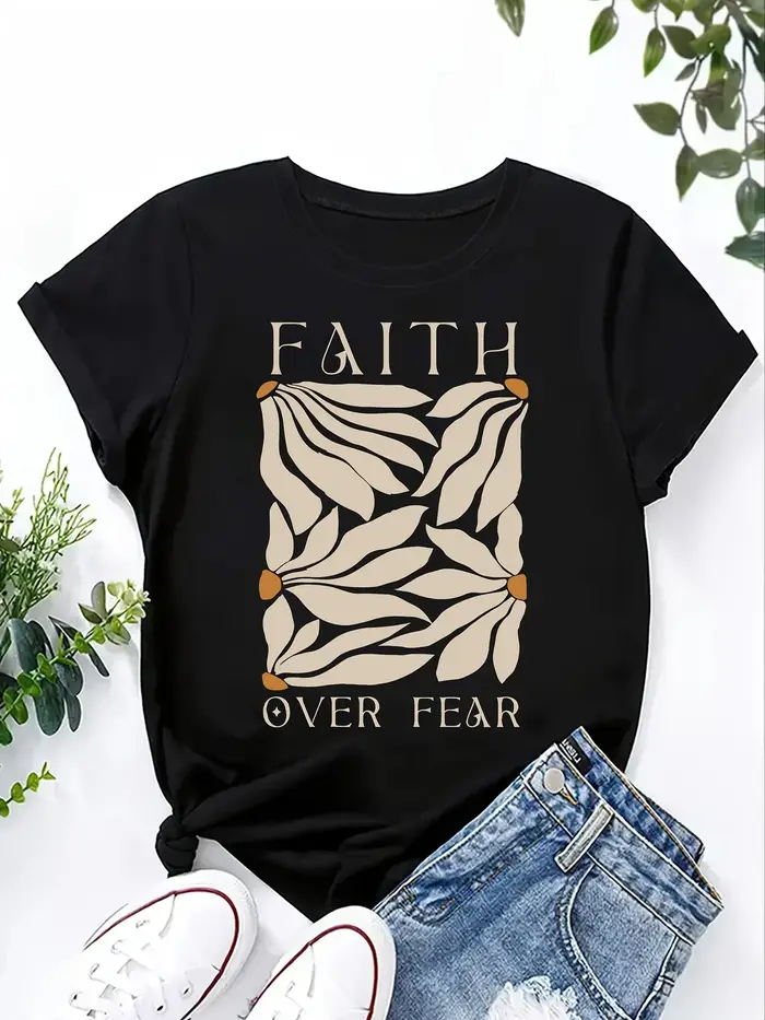 T-shirt pour femme Faith Over Fear - Motif feuille minimaliste, haut décontracté inspirant