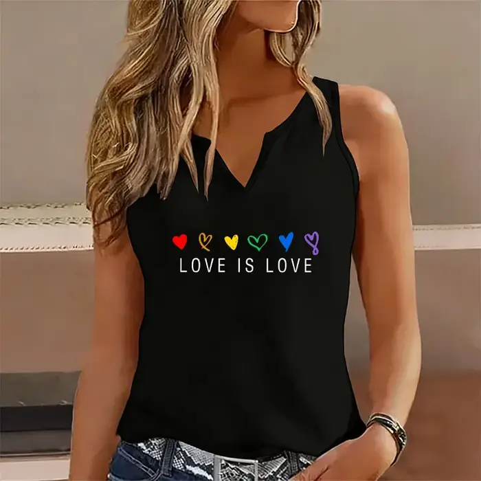 T-shirt débardeur sans manches col en V pour femme, motif cœur 'Love Is Love' coloré, style décontra