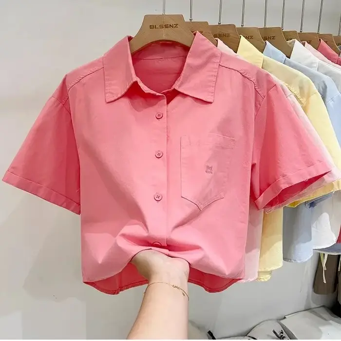 Été coton à manches courtes hauts femmes 2025 nouveaux cols Polo chemise courte brodée Blouses décontractées amples