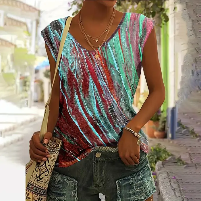 T-shirt à col en V imprimé floral 3D pour femmes