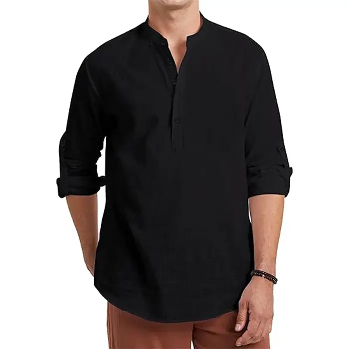 Polo à manches longues en coton et lin pour hommes, léger, col Henley, Style plage hawaïen, couleur