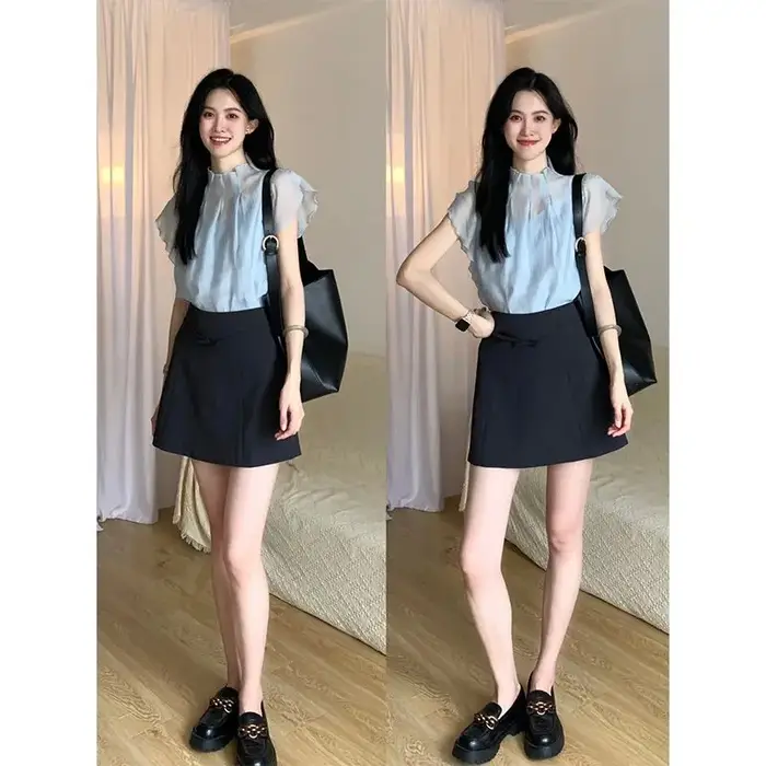 Élégant col mi-haut manches volantes en mousseline de soie chemise transparente Camisole t-shirt femmes taille haute a-ligne jupe été mince trois pièces