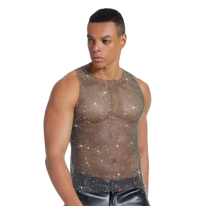 Débardeur en maille à strass scintillants pour homme, transparent, sans manches, pour clubbing et so