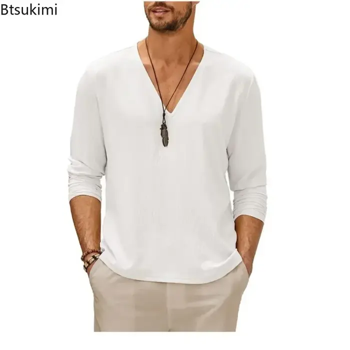 T-shirt à manches longues en coton et lin pour hommes