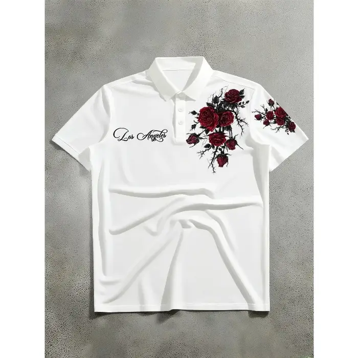 Polo à manches courtes pour homme avec imprimé de roses rouges et de épines
