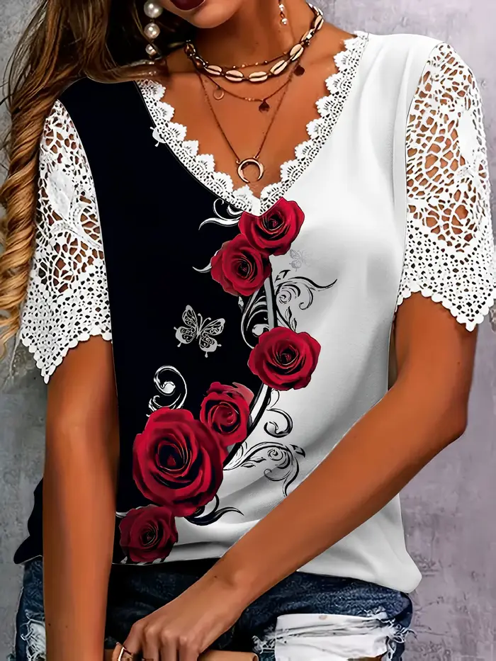 T-shirt manches courtes col en V pour femmes, imprimé Floral, dentelle, crochet, fleur creuse, décon