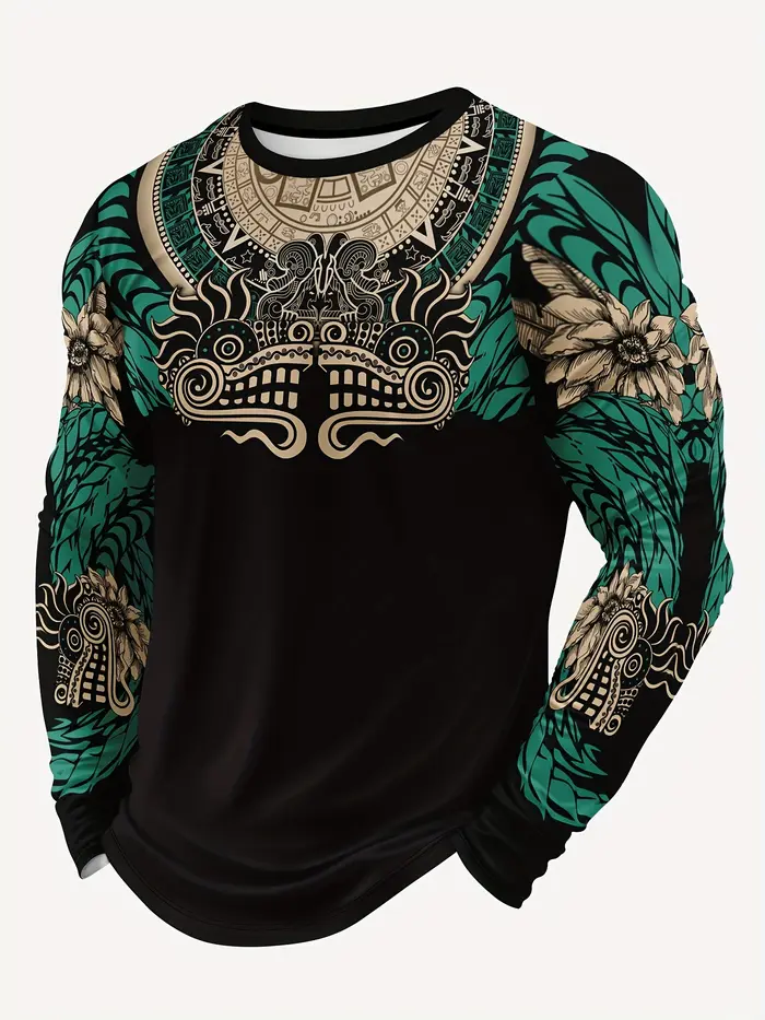 T-shirt à manches longues imprimé Quetzalcoatl pour homme 2026 avec graphiques aztèques numériques