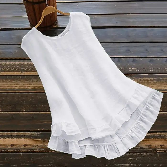 Femmes coton lin débardeur solide col rond sans manches dos Blouse élégant col