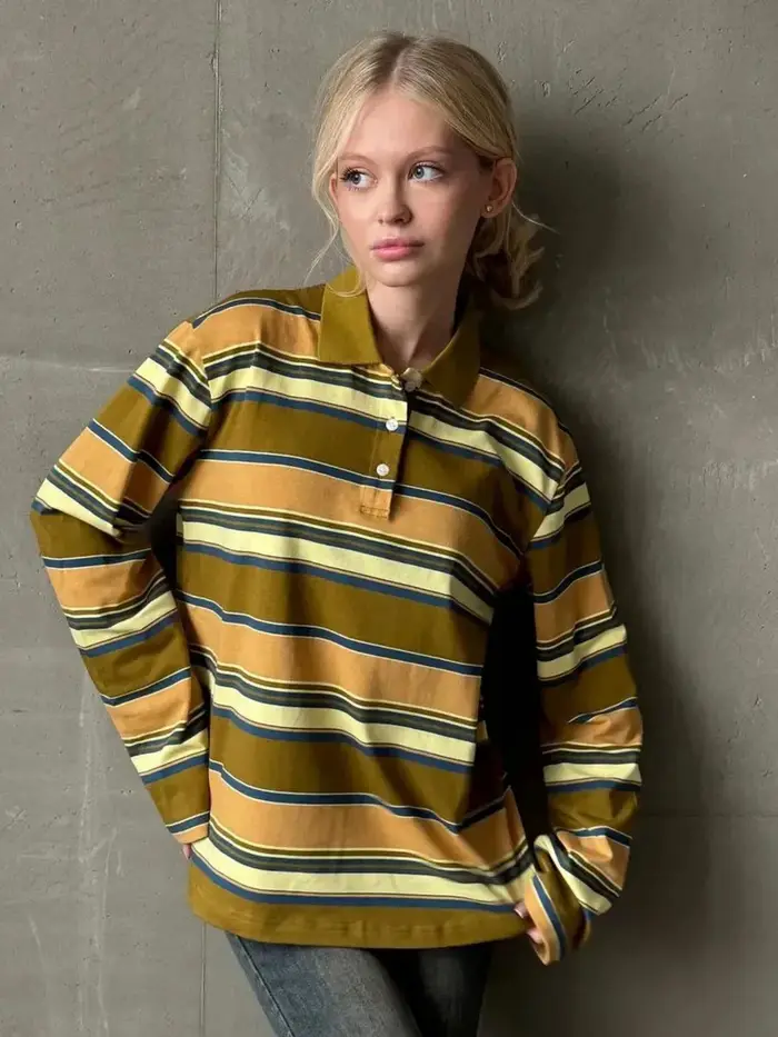 Wolfeel Femmes Vintage Inspiré Rétro Rayé Col Polo Surdimensionné Goutte Épaule Manches Longues T-Shirt À La Mode Haut Décontracté