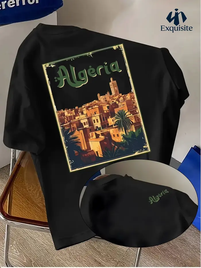 T-shirt d'été pour homme de style maghrébin avec le logo « Algérie » sur un haut à col rond respirant, anti-humidité et ample