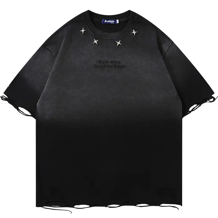 T-shirt Homme Vintage Déchiré Effet Vieilli avec Broderie Étoile Métallique, Coupe Ample, Style Hara
