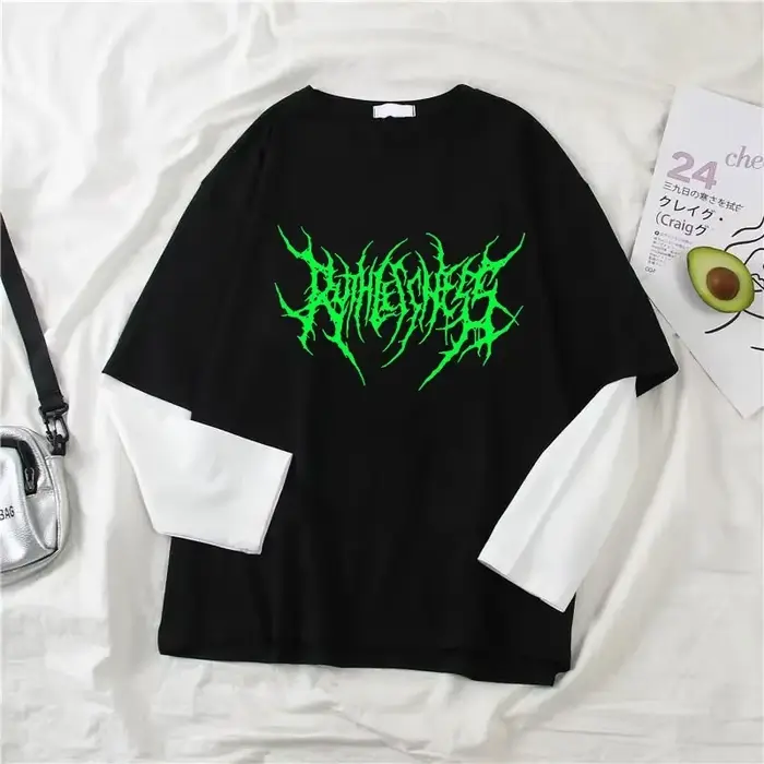 Mode Punk Style foncé imprimé col rond T-shirt Y2K Sport Harajuku mince femmes haut manches longues