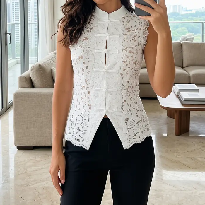 Débardeur Vintage Femme en Dentelle Florale à Col Mandarin