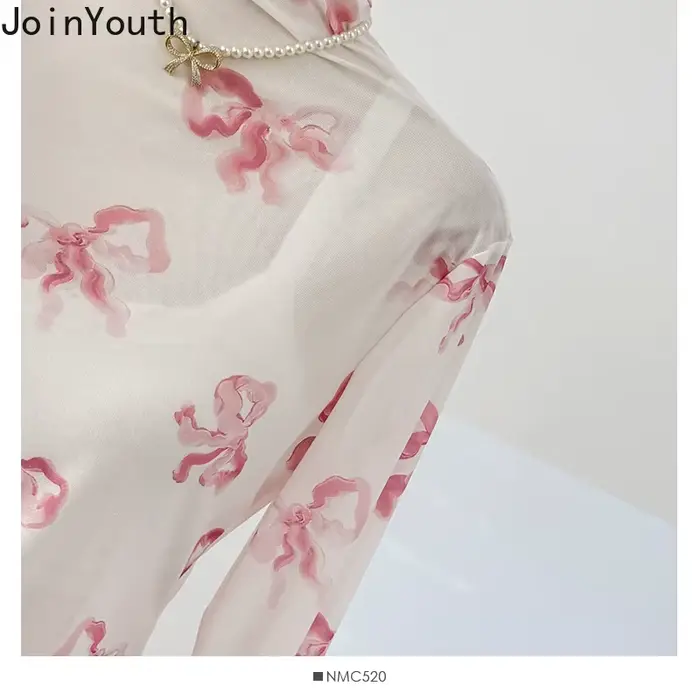 Gaze femme t-shirts nœud imprimé à manches longues