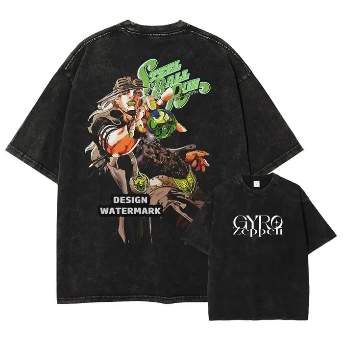 T-shirt Bandai JOJO Vintage Lavé S-Steel Ball Run T-shirts Oversize Zeppeli Gyro Manches Courtes Joe