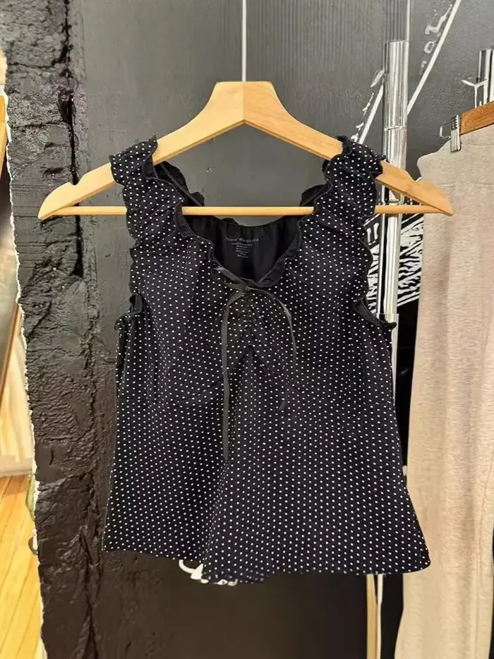 Débardeur Harajuku pliable noir à pois pour femme, Camisole Slim en coton avec nœud doux, col en v, 