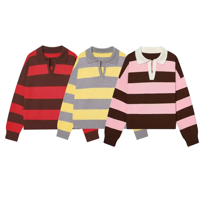 Nouvelle Arrivée Hiver – Pull Tricoté à Col Polo Rayé à Manches Longues – Style Décontracté Confortable en Fibre de Polyester Coupe Ample