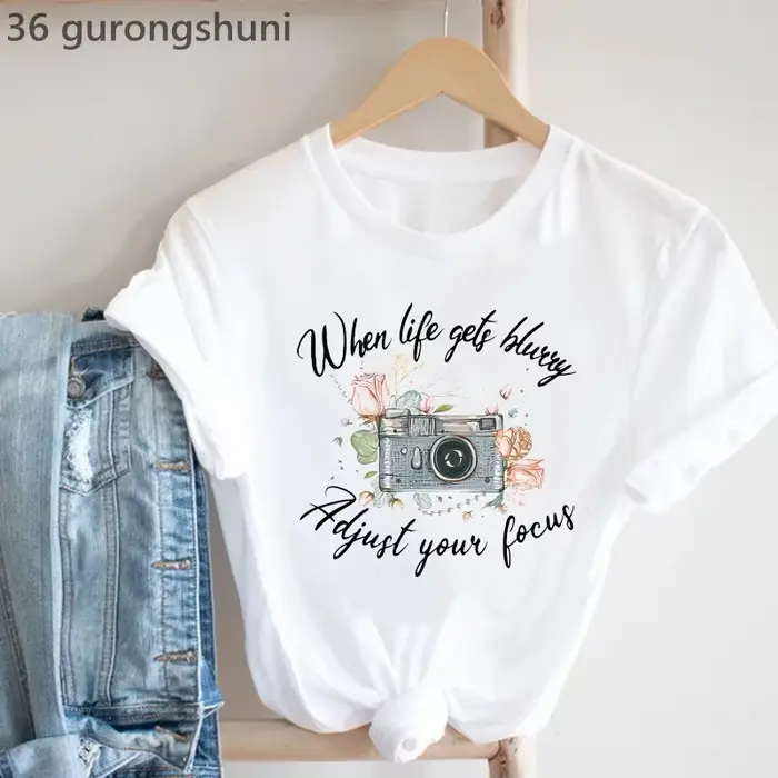 Vintage T-Shirt Femmes Caméra Oiseau Tshirt Femme Mode D'été À Manches Courtes T-Shirt Femme Casual