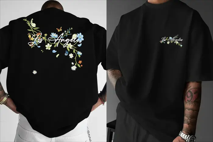 T-shirt en coton imprimé avec motif de lettres et de fleurs colorées - Simple et décontracté à manch