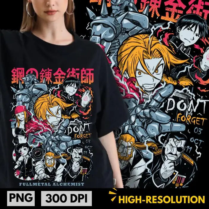 T-shirt classique japonais avec impression graphique de Manga FULLMETAL ALCHEMIST