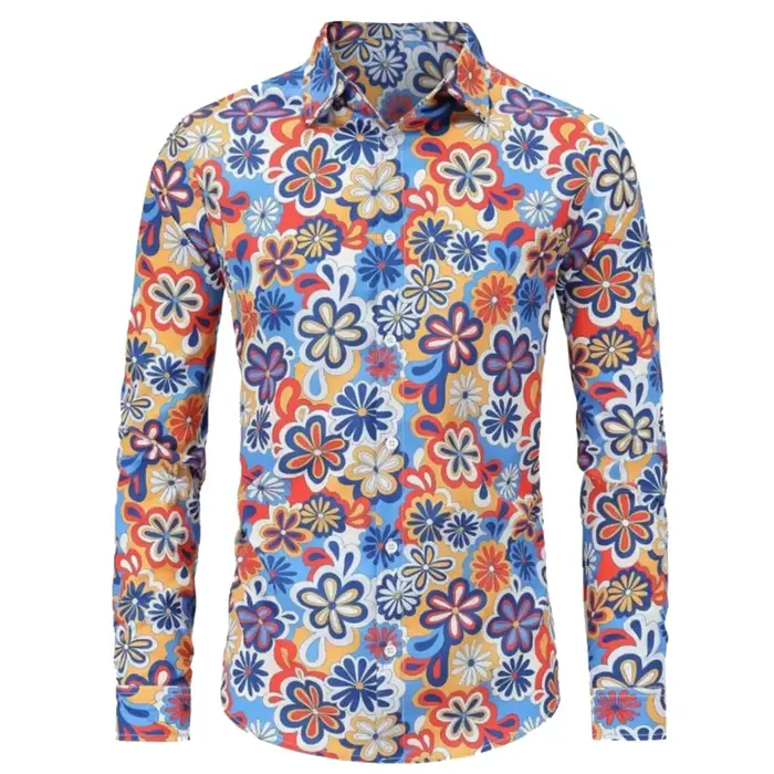 Chemises à manches longues pour hommes Hippie années 70 Disco Hip Hop bouton fleur rétro chemise