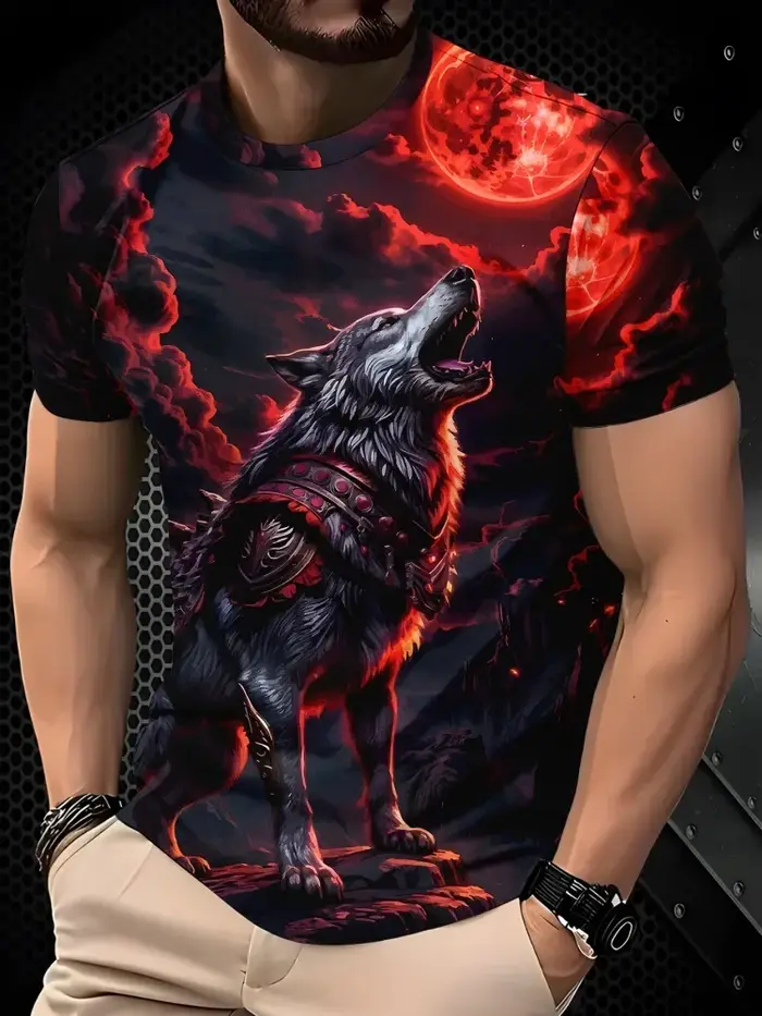 T-shirt tendance style urbain avec imprimé lune et loup hurlant, décontracté pour homme, streetwear d'été, col rond, manches courtes