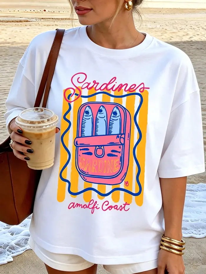 T-shirts en coton imprimés Sardines Amalfi Coast pour femmes