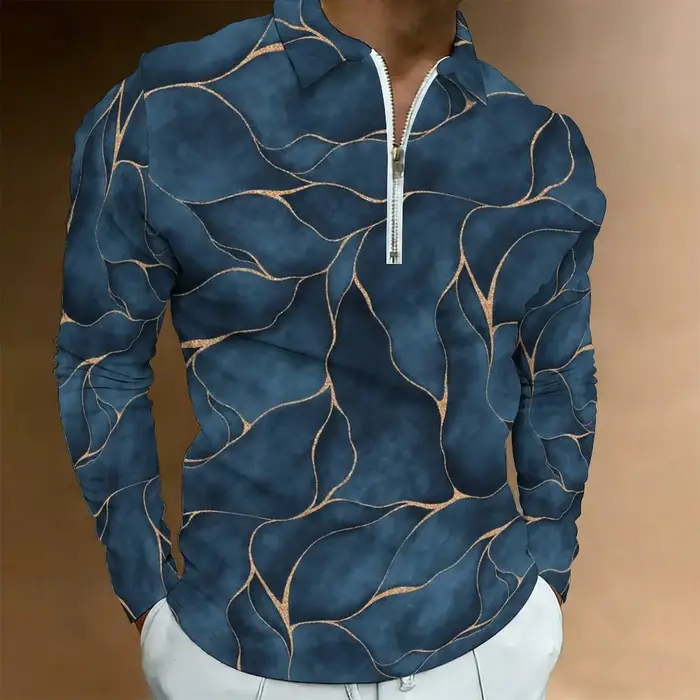 Polo imprimé pour homme à demi-zip, manches longues, col à revers, décontracté, été, hauts quotidiens pour hommes, coupe oversize
