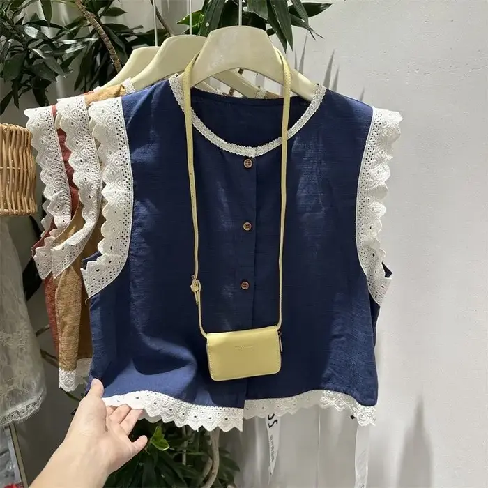 Nouveau débardeur chic et ample pour femme, col rond, sans manches, avec empiècements en dentelle et