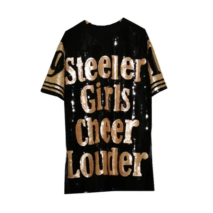 T-Shirt manches courtes pour femme, Chic Ins, lettres noires, Patchwork, paillettes, Jersey, fête, P