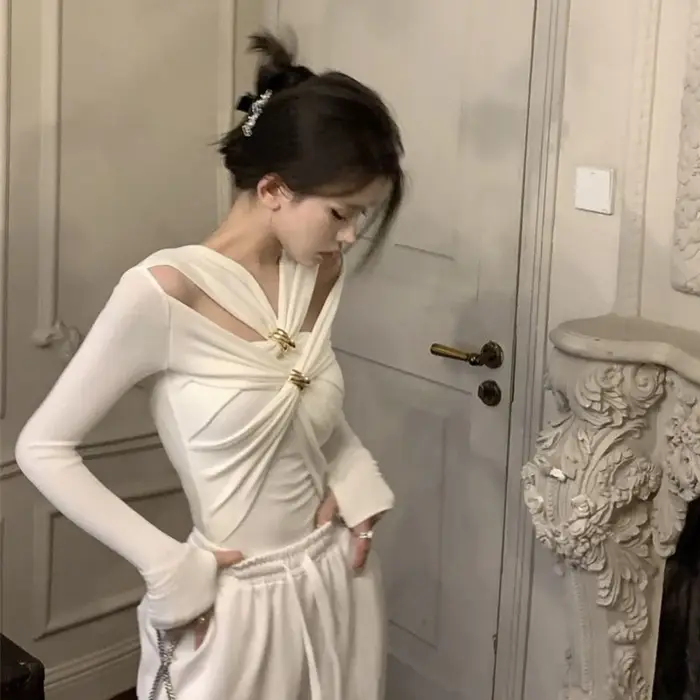 T-shirt blanc à manches longues pour femmes, coupe cintrée, décontracté, couche de base, élégant, mo