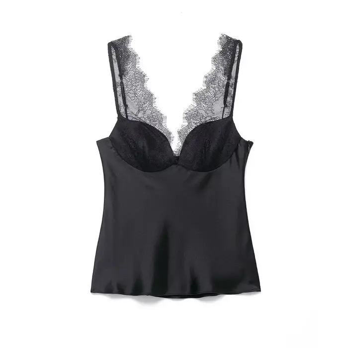 HH Femme Mode Décoration en dentelle Haut court uni Sexy Sans manches Dos nu Col en V Fermeture écla