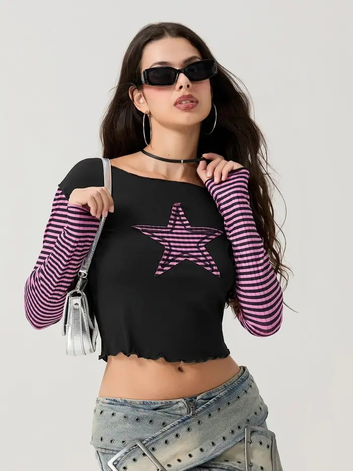 Women T-shirt Long Sleeve Crew Neck Star Stripe