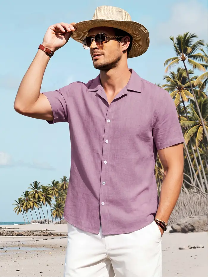 Nouveauté estivale : Chemise pour homme de haute qualité avec col cubain - Tissu aspect lin, idéale pour les vacances à la plage et les loisirs en plein air