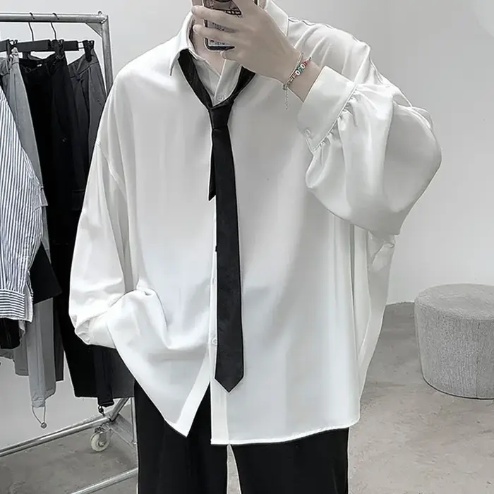 Chemises à manches longues pour hommes de Style coréen cravate noire confortable décontracté solide