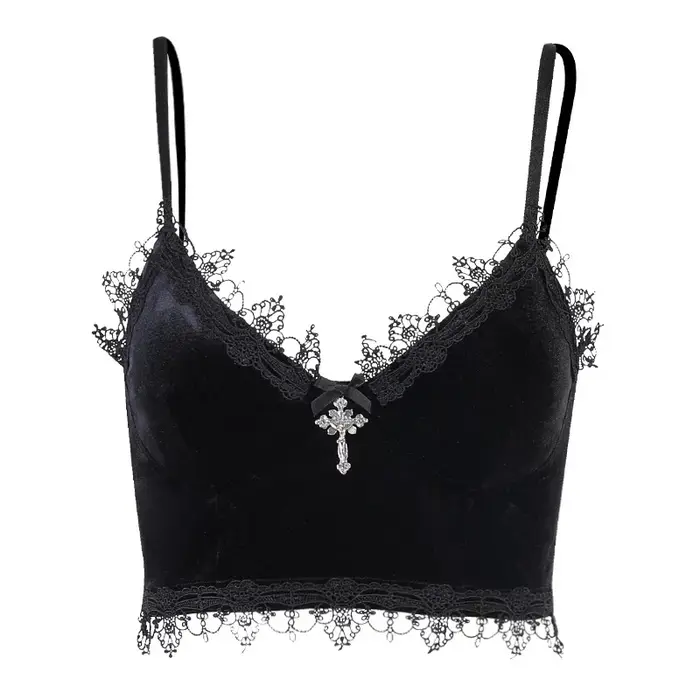 Velours Y2K centre commercial Goth culture hauts noir dentelle garniture Emo Alternative esthétique