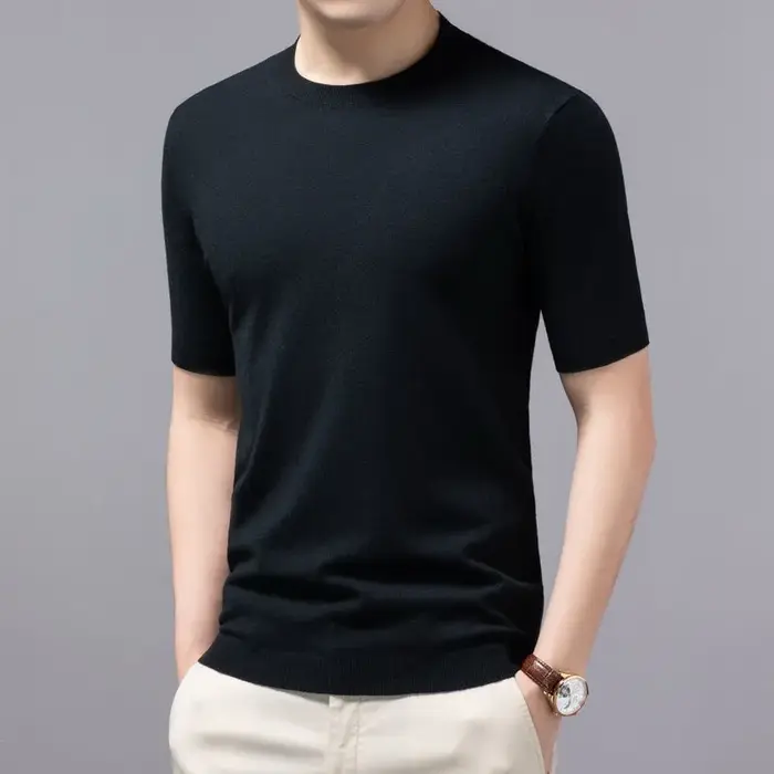T-shirt en cachemire mérinos ultrafin tricoté à col rond pour homme, manches courtes, couleur unie, 