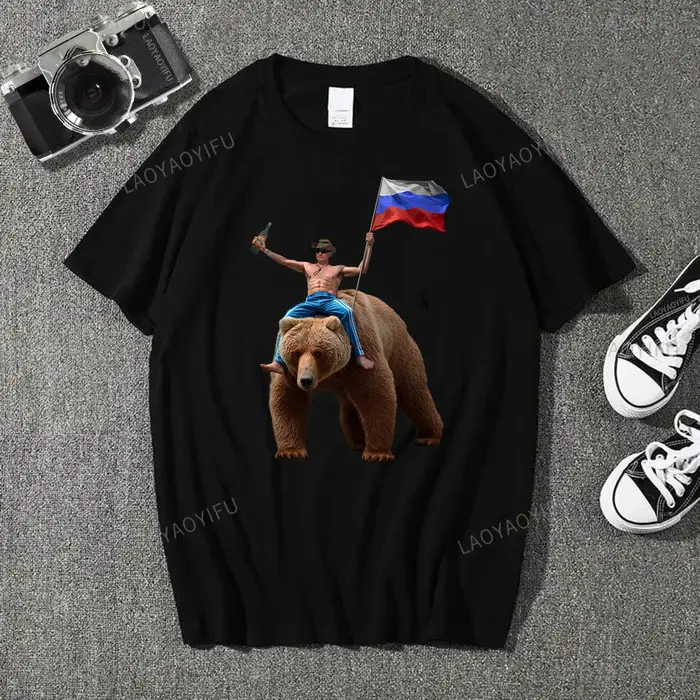 Classique poutine Vodka ours homme russe coton t-shirt Vladimir