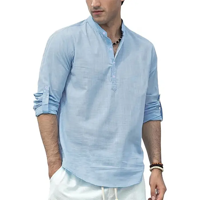 Polo à manches longues en coton et lin pour hommes, léger, col Henley, Style plage hawaïen, couleur