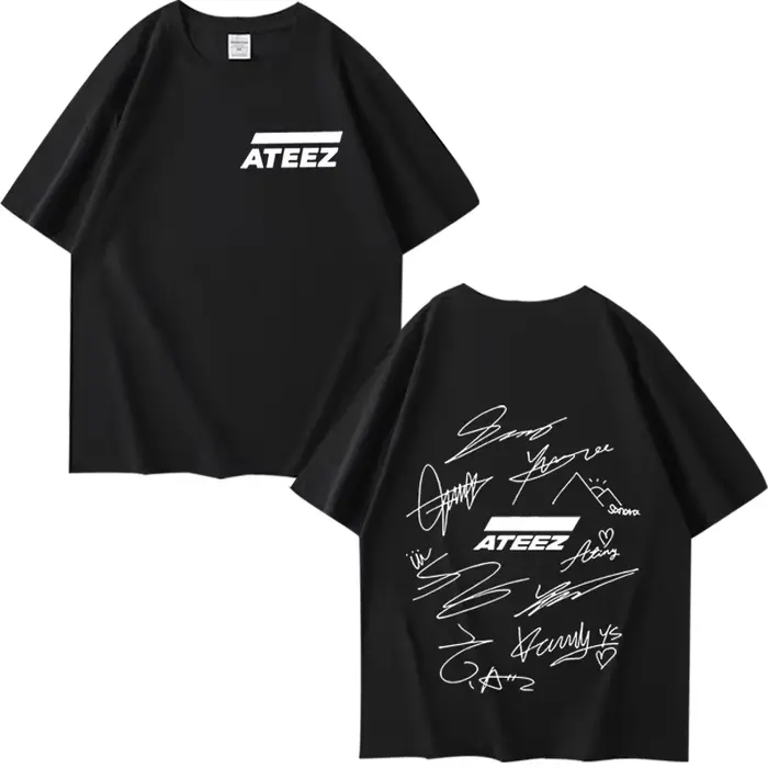 T-shirt ATEEZ World Tour avec signatures des membres du groupe et imprimé géométrique au dos