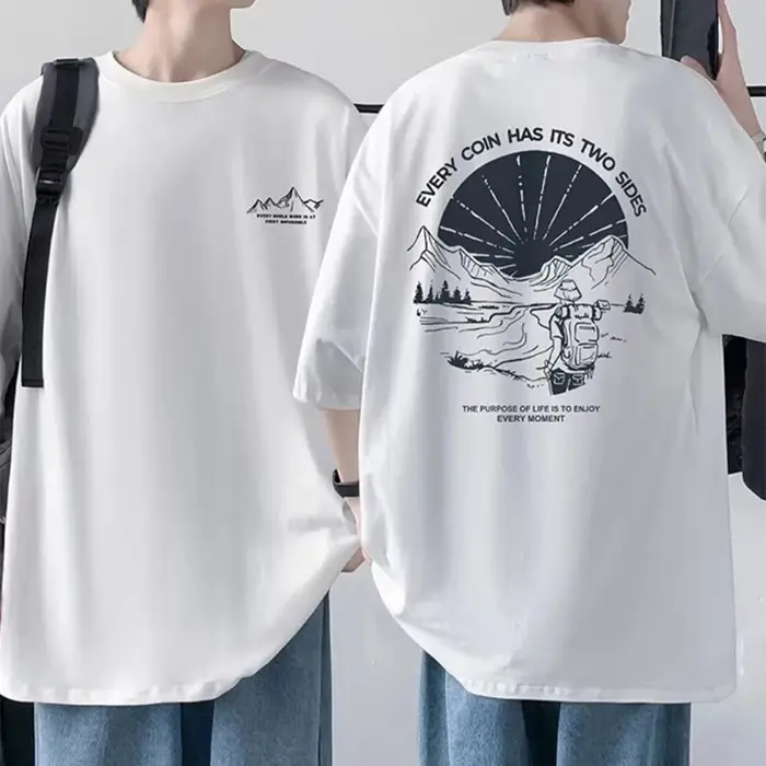 T-shirt en coton imprimé à manches mi-longues pour hommes, t-shirts décontractés à col rond, devant